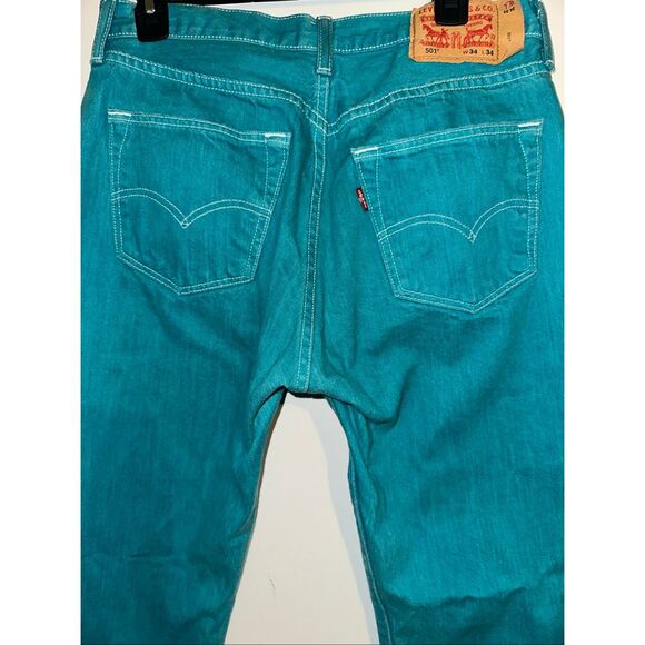 Levis 501 Button Fly Jeans Men's 34 x 26.5 Turquoise Teal relaxed Straight red t - Picture 6 of 8